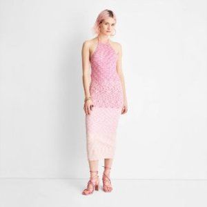NEW Future Collective Ombre Halter Tie Neck Midi Knit Dress • Barbie Pink
